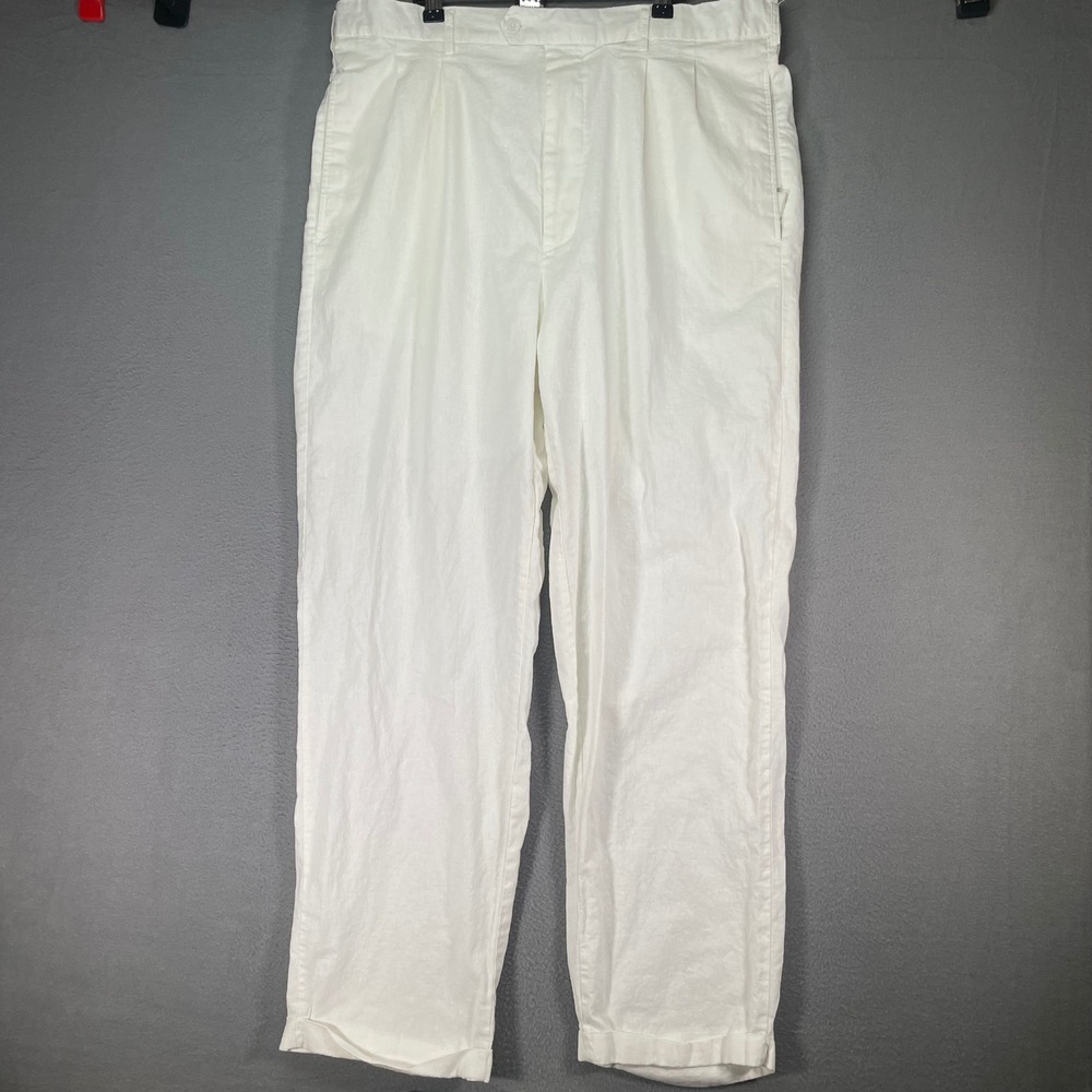 Trust Linen Blend Pants Mens 40x32 White Pleated Relaxed Cuffed Beach